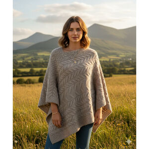 Aran Made‎ in Ireland Kilronan Cable Knit Poncho Womens XL XXL Beige Merino Wool